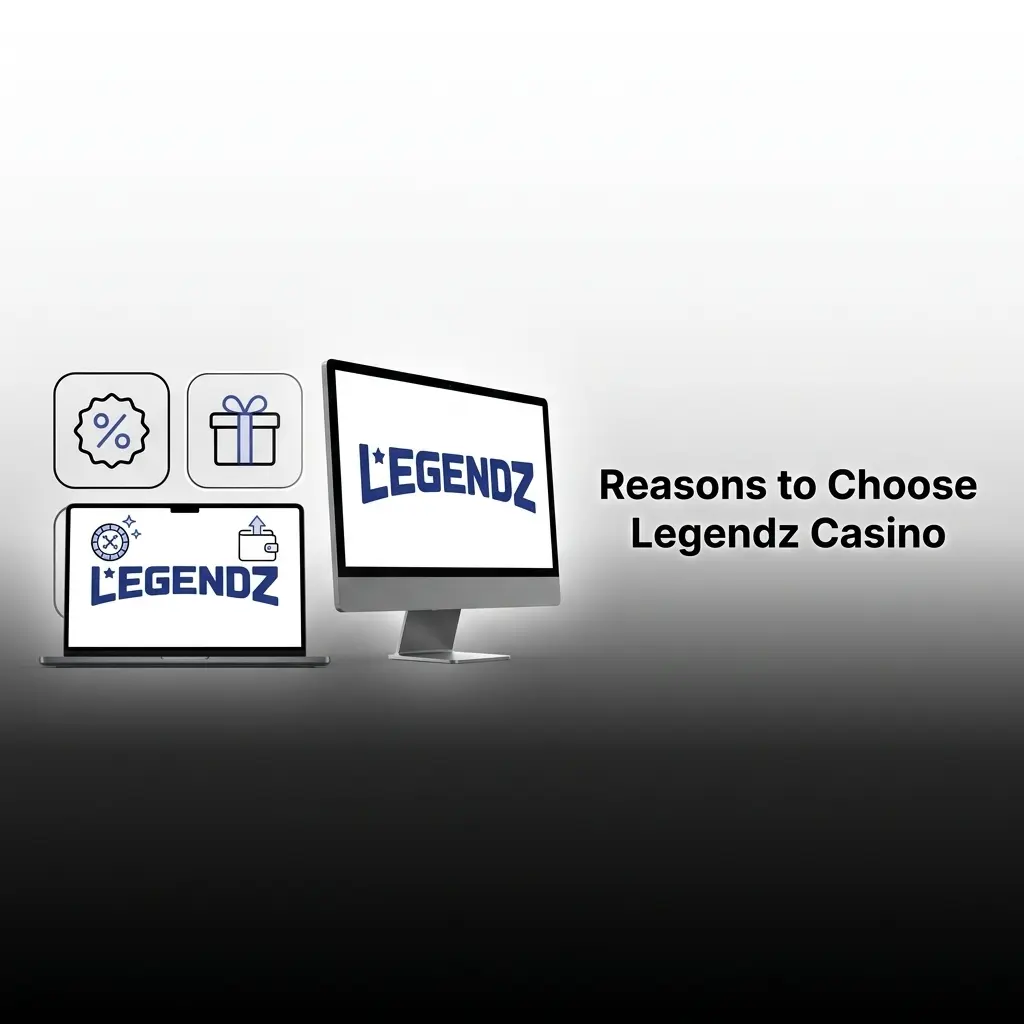 Legendz Casino logo with crypto payment icons, sportsbook, and live dealer highlights for US players